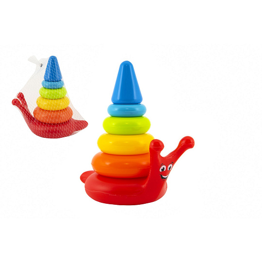 Teddies Skládanka pyramida kroužky šnek plast 6ks v síťce 18x20x12cm  12m+