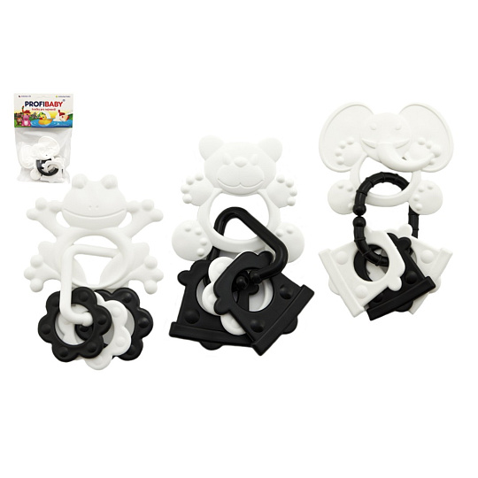 Profibaby Kousátka zvířátka + přívěsky plast černobílé 9cm 4 druhy v sáčku 0m+