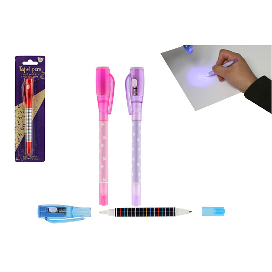 Teddies Tajné pero s neviditelným inkoustem a ÚV světlem + propiska plast 15cm na baterie 4 barvy