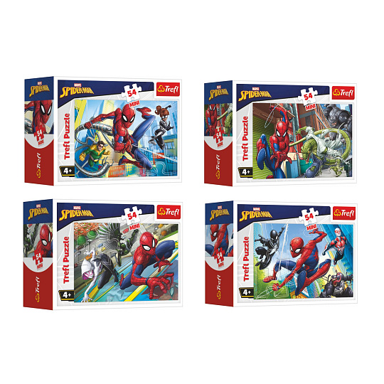 Trefl Minipuzzle 54 dílků Spidermanův čas 4 druhy v krabičce 9x6,5x4cm