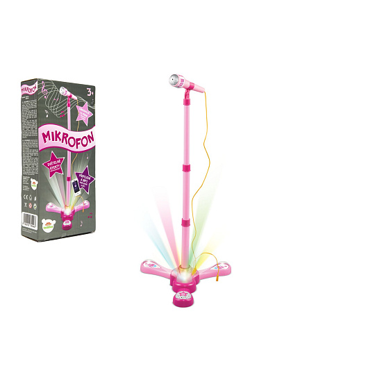 Mikrofon karaoke růžový plast na baterie se světlem se zvukem v krabici 17x34x7cm