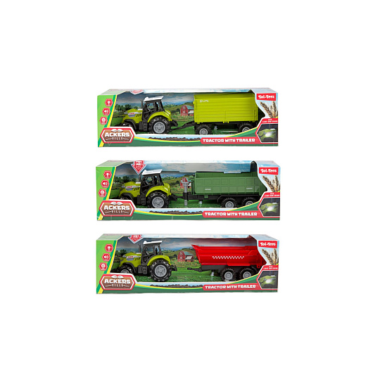 Teddies Traktor s vlekem plast 24cm na volný chod na baterie se světlem, zvukem 3 druhy