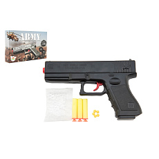 Pistole na kuličky 20cm plast + vodní kuličky 6mm,pěnové náboje 3ks,gumové kul. v krabičce 23x15x4cm