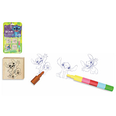 Razítka 3+1 s poduškou dřevěná 4,5x4,5cm s voskovkou Lilo & Stitch na kartě 17x28cm