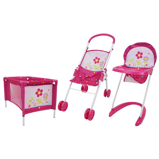 Five O Nine Crew 3dílná sada na hraní, kočárek, žídle a postýlka - Květiny
