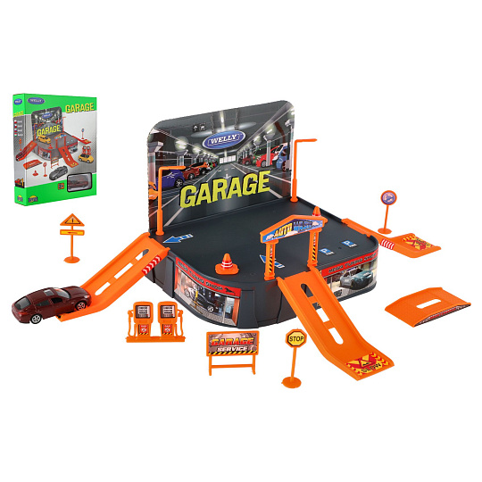 Garáž Welly + auto Welly Porsche kov/plast v krabici 21x25x5,5cm Garáž Welly + auto Welly Porsche kov/plast v krabici 21x25x5,5cm