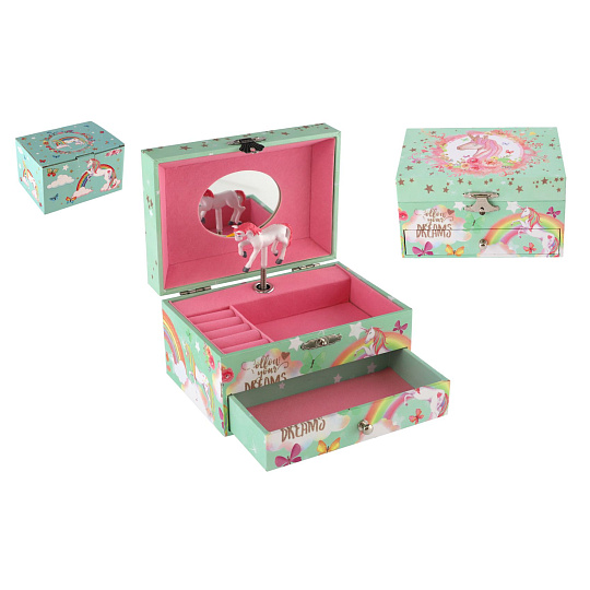 Teddies Hrací skříňka šperkovnice Jednorožec natahovací v krabičce 16x10x12cm