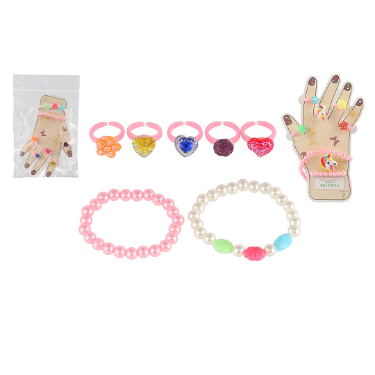 Teddies Sada krásy plast prstýnky 5ks + náramky 2 ks 2 druhy v sáčku 12x17cm
