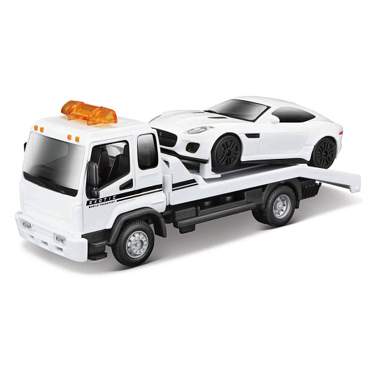 Bburago – STREET FIRE, Odtahové vozidlo Flatbed Tow Truck + Jaguar F-TYPE Coupé, 1:43