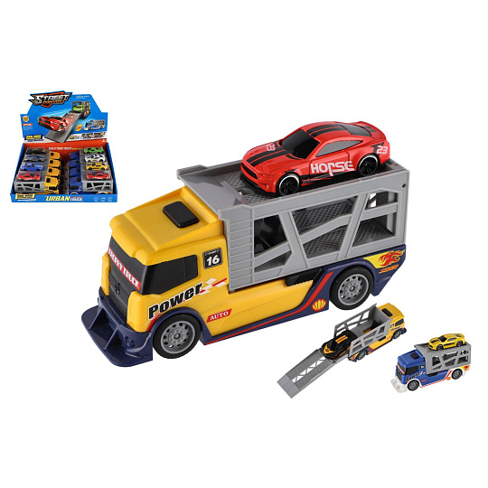 Auto kamion přepravník + auto plast 15cm na volný chod 2 barvy 8ks v boxu