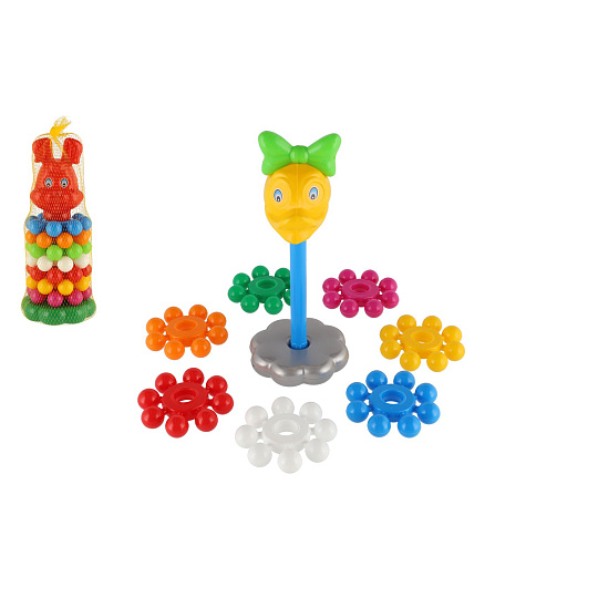 Skládanka pyramida s kroužky plast 26cm 3 druhy v síťce 12m+