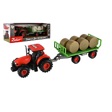 Traktor Zetor s vlekem a balíky plast 36cm na setrvačník na bat. se světlem se zvukem v krab. 39x13