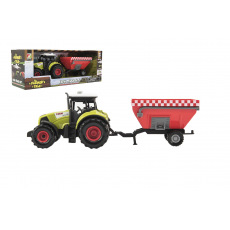 Teddies Traktor s vlekem plast 28cm na setrvačník na baterie se zvukem se světlem v krabici 34x13x11cm