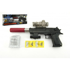 Teddies Pistole plast/kov 33cm na vodní kuličky + náboje na baterie  se světlem v krabici 34x13x4cm
