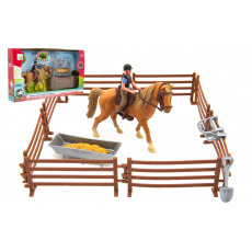 Kůň + panáček žokej plast s ohradou s doplňky v krabici 33x19x5,5cm