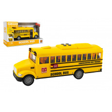 Autobus školní plast 27cm na setrvačník na baterie se světlem se zvukem v krabici 32x19x12cm