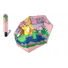 Deštník Zvířátka skládací vystřelovací látka/kov 28cm růžový v sáčku