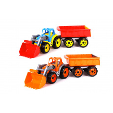 Traktor/nakladač/bagr s vlekem se lžící plast na volný chod 2 barvy v síťce 16x61x16cm