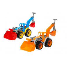Teddies Traktor/nakladač/bagr se 2 lžícemi plast na volný chod 2 barvy v síťce 16x35x16cm