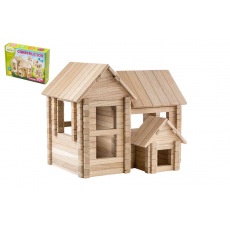 Stavebnice 4v1 dřevěný dům/chata 206 dílků v krabici 34x25x8cm