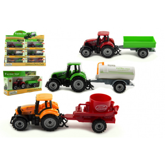 Teddies Traktor s přívěsem plast/kov 19cm 3 druhy na volný chod v krabičce 25x13x5,5cm 12ks v boxu