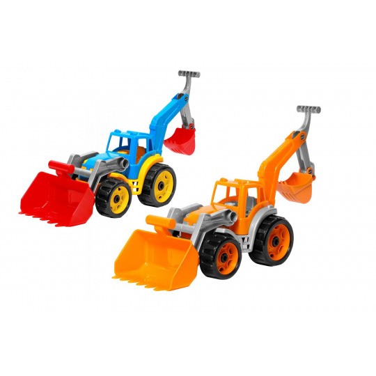 Teddies Traktor/nakladač/bagr se 2 lžícemi plast na volný chod 2 barvy v síťce 16x35x16cm